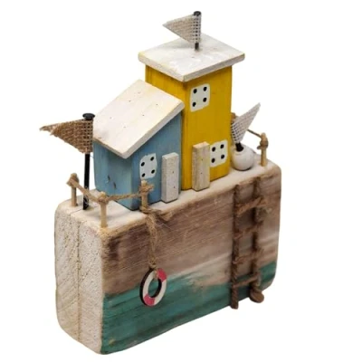 Image of Nautical Rustic Wooden Coastal Village Beach Hut Ornament Blue &amp; Yellow