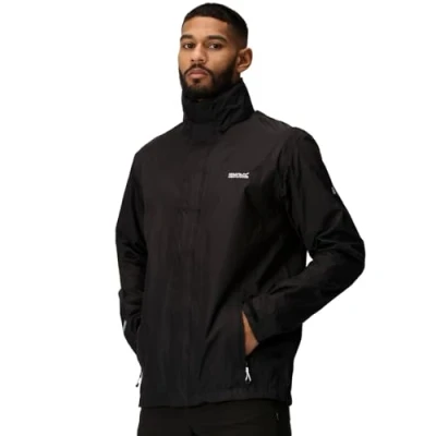 Image of Regatta Matt Waterproof Taped Seams Mesh Lined Concealed Hood Inner Pocket Jacket Black, 5X Large