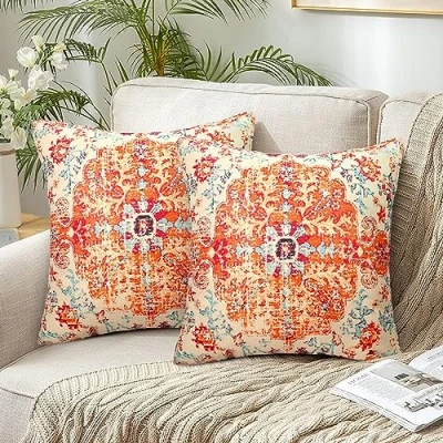 Image of Chicamy 50 x cm Linen Cushion Cover Boho Decorative Double Sided Print Covers Turkish Rug Pattern Vintage for Sofa Living Room Bedroom Garden Set of 2