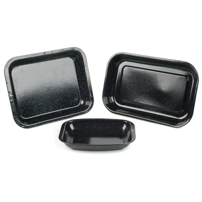 Image of Russell Hobbs COMBO 8235A Baking Tray and Roaster Set, 5 Piece Vitreous Enamel Coated Steel Pans, with Roasting Tins, Chop Tray, Flat Oven Sheet, Easy Clean, Romano Collection, Black