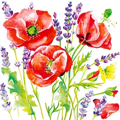 Image of 20 Napkins Painted Poppy Meadow Flowers Spring Summer 33 x cm