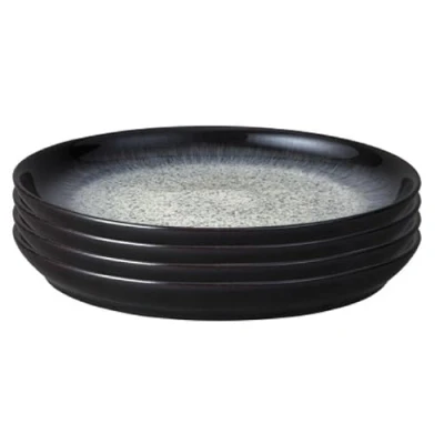 Image of Denby Halo Coupe Dinner Plates Set of 4 Reactive Glaze Dishwasher Microwave Safe Crockery 26cm Black, Grey Ceramic Stoneware Tableware Chip &amp; Crack Resistant