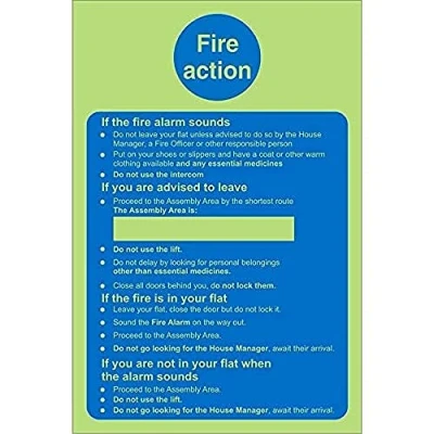 Image of Seco Fire Action Care Homes Sign, 200mm x 300mm Photoluminescent Self Adhesive Vinyl