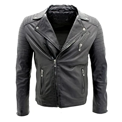 Image of Men&#039;s Black Slim Fit Brando Style Double Cross Zip 100% Leather Biker Fashion Jacket L