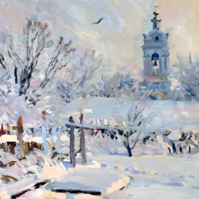 Image of Christmas Cards Pack of 5 Traditional Countryside Scene First Snow Artistic Design by Mikhail Abakumov Made in the UK Eco Friendly