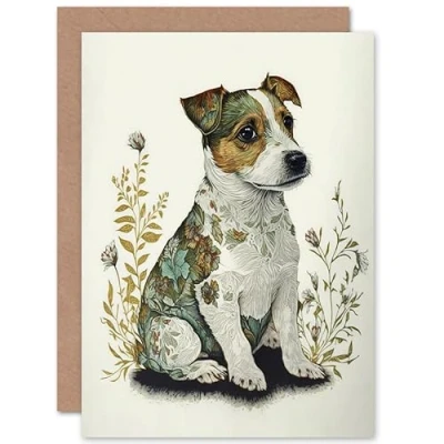 Image of Artery8 Cute Jack Russell Dog Puppy and Flower Patterns Colour Pencil Illustration Art Birthday Sealed Greeting Card Plus Envelope Blank inside