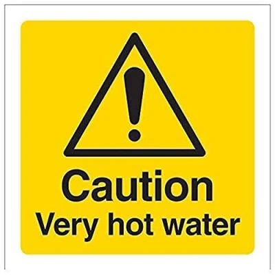 Image of V Safety 62017AF R Caution Very Hot Water Sign Square 100mm x 1mm Rigid Plastic, Black/Yellow