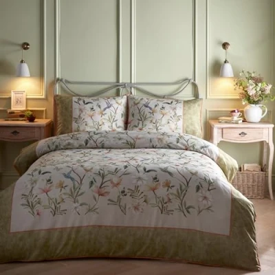Image of Appletree Sage Green Floral &amp; Humming Birds Duvet Cover Super King Bedding Size (260 x 220cm) White with Flowers Print 100% Cotton Sateen Piped Edge Bed Evelina Collection