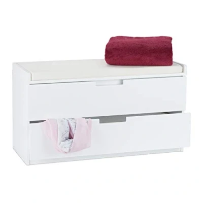 Image of Relaxdays Hallway Bench with 2, Drawer Cabinet Padded Seating, Shoe Storage, HxWxD: 48.5 x 87 38 cm, White, MDF Boards, Foam, Material, Pack of 1