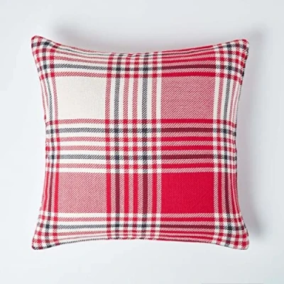 Image of HOMESCAPES Large Red Tartan Cushion Cover, 100% Cotton, 24 x Inches or 60cm 60cm, A Great Fit for Sofa Settee as Display Cover your Bed Conservatory