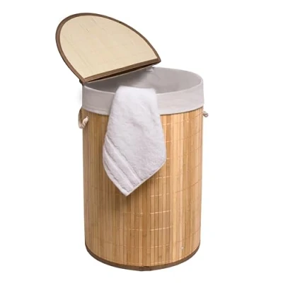 Image of MantraRaj 50L Folding Bamboo Laundry Basket Bin Hamper Clothes Storage Organizer With Lid And Removable Washable Bag Carry On Handles Washing for Room, Bedroom (Brown)