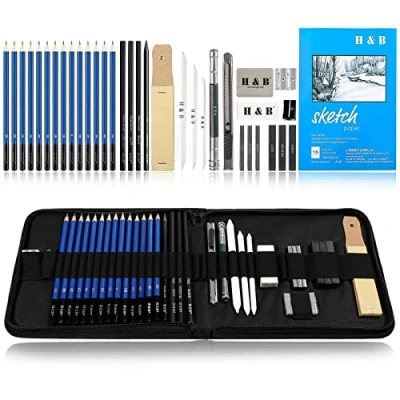 Image of H &amp; B Drawing Sketching Pencils Set, 35 Pack Art Kit with Sketch Book Draw Charcoal Pencil Eraser Sharpener Extender Canvas Case for Artist Beginners Kids Adults