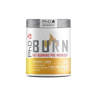 Image of PhD Burn pre Workout Powder with L Carnitine for Women and Men, Rich in CLA, High Caffeine Workout, Sherbert Lemon Flavour, 20 Servings (200g)