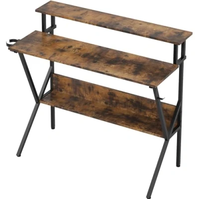 Image of Sunon Home Office Computer Desk with Gaming Design K Shaped, Monitor Stand and Storage Shelf, 120X50cm, Rustic Brown