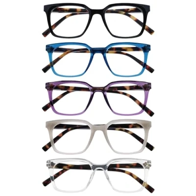 Image of OPULIZE KOI Reading Glasses 5 Pack Large Rectangular Frame Black Blue Purple Grey Clear Mens Womens Spring Hinges RRRRR50 1357C +2.00