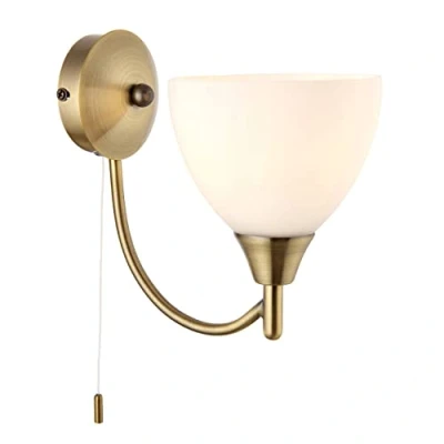 Image of National Lighting Andy Decorative Antique Brass Single E14 LED Compatible Wall Light with Matt Opal Glass Shade