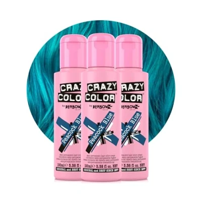 Image of Crazy Color Vibrant Peacock Blue Semi Permanent Trio Hair Dye. Highly Pigmented Teal Turquoise Conditioning &amp; Oil Nourishing Vegan Formula No Bleach or Ammonia 300ml