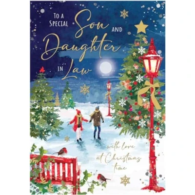 Image of Son and Daughter in Law Christmas Card Special Ice Skating Couple Artistic Festive Design Finishes Illustrated Insert Leaf Made the UK
