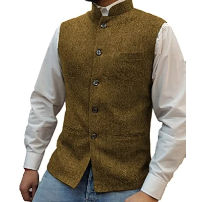 Image of Solovedress Mens Vintage Suit Vest Zhongshan High Collar Tweed Waistcoat for Men Groosmens (Brown,XL)