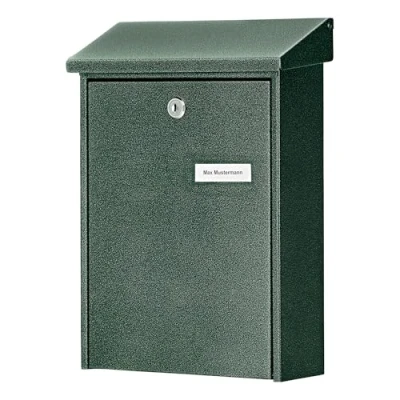 Image of Burg Wächter Daily 5861 GR Steel Mailbox, Green Wall Mount, Made in Germany, Weatherproof, Wide Opening, Integrated Nameplate