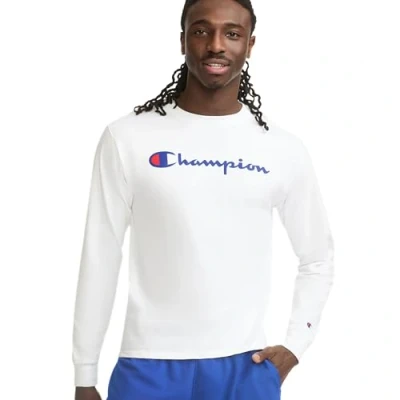Image of Champion Men&#039;s, Classic Long Sleeve, Comfortable, Soft T Shirt (Reg. Or Big &amp; Tall), White Script, XL
