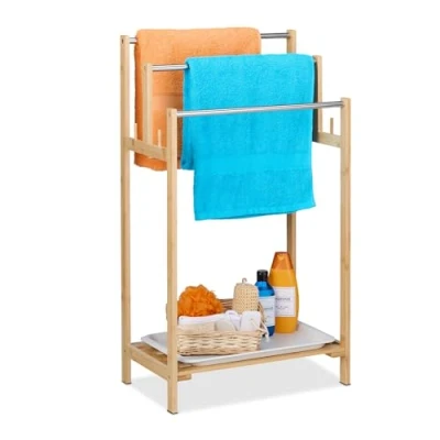 Image of Relaxdays Towel Rail, 3 Bars &amp; Shelf, Bamboo Metal, HxWxD: 90 x 51 30.5 cm, Free Standing, Shower Rack, Natural