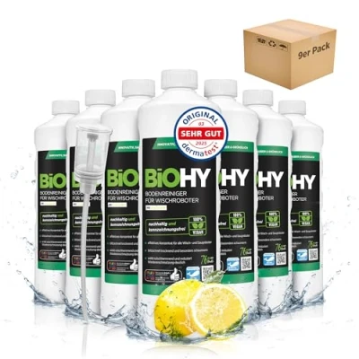 Image of BiOHY Floor Cleaner for wiping robots (9 x 1l Bottle) + Dispenser Concentrate all &amp; suction with wet function sustainable ecological (Wischroboter)