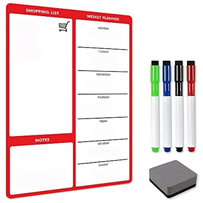 Image of TMS A4 Magnetic Weekly Meal Planner and Organiser Whiteboard Planner, Shopping List Memo Board for Home Office with 4 Dry Wipe Pens Eraser (Red, A4)