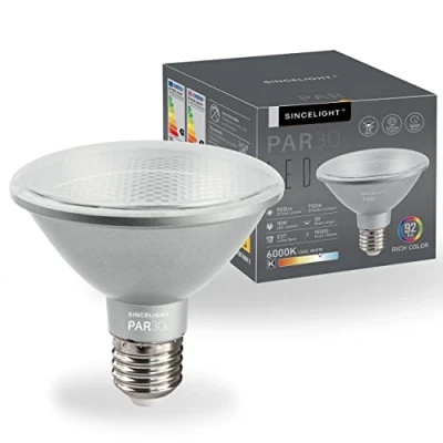 Image of SINCELIGHT PAR30s LED Light Bulb with E27 Base, 38 Optical Reflector, 10W, Rich Color RA≈92, Cool White 6000K, 900 Lumens Equivalent to 90W Halogen, Pack of 1