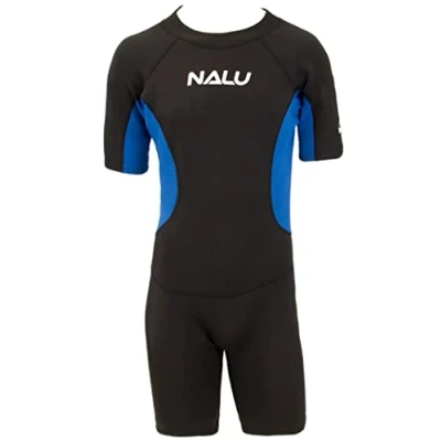 Image of Childrens Shorty Wetsuit Age 11 12 NALU Beach Surf Shortie Wet Suit Surfing Watersports Kids Short Sleeve Suits 32&quot; Boys &amp; Girls (Blue)