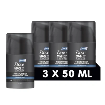 Image of DOVE MEN + Care Moisturiser Hydration Boost Face Cream Protects, Strengthens and Moisturises without Greasing, 3 x 50 ml