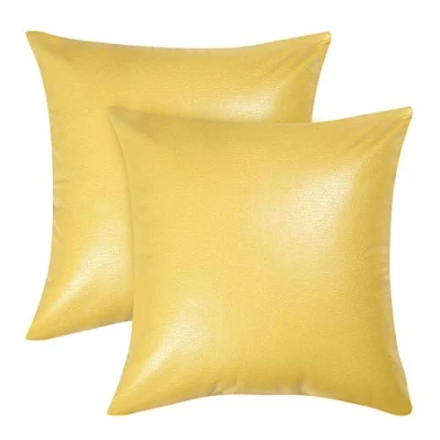 Image of 2 x Faux Leather Square Cushion Covers, Decorative Cover for Sofa Bed, Durable 18 Inches, Lemon Yellow