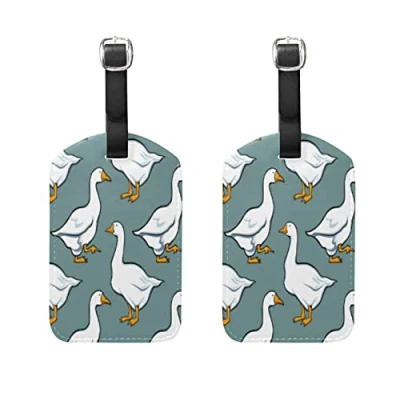 Image of Aotmany Set of 2 Packs Luggage Tags Cute White Geese for Suitcase Travel Bag Baggage PU Leather Name ID Card Labels with Full Back Privacy Cover Women Men