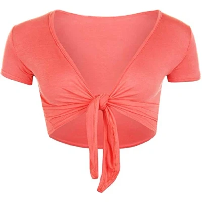 Image of STAR FASHION Women Cap Sleeve Bolero Shrug Tie Up Front Cropped Cardigan Short Sleeves Top Coral UK 12 14
