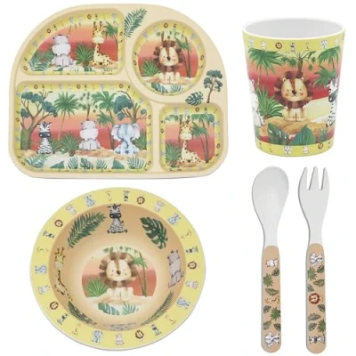 Image of Lesser &amp; Pavey 4 Piece Baby Dinner Set Bowl, Fork, Spoon, Plate and Cup Farm, Mermaid, Safari, Sea Life or Space Fun Designs (Safari)