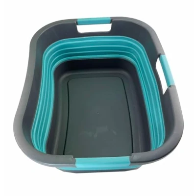 Image of SAMMART 30L Collapsible Plastic Laundry Basket Foldable Pop Up Storage Container/Organizer Portable Washing Tub Space Saving (1, Grey/Crystal Blue)