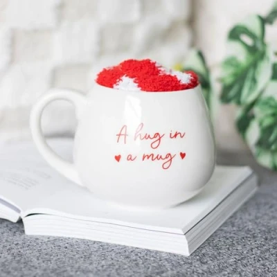 Image of Hug in a Mug Set 500ml with &#039;Hug Mug&#039; Text &amp; Cozy Red and White Heart Socks, Microwave Dishwasher Safe, Presented Matching Box for Warm Fuzzy Surprise