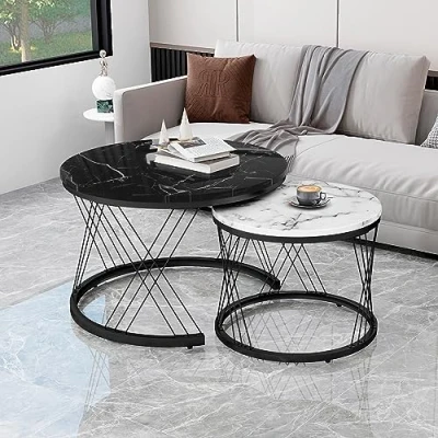Image of Merax Round Coffee Table Modern Set of 2 Marble Pattern Top with Metal Frame End for Living Room Black