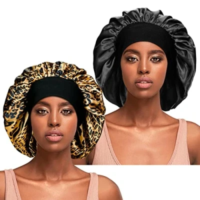 Image of 2 Pieces Silky Sleep Bonnet for Curly Hair, Large Women Hair Braids Bonnets Satin Sleeping Cap Night Care