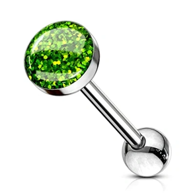 Image of The Goldmine UK 316L Surgical Stainless Steel Green Phosphor Glitter Epoxy Dome Top Barbell 14GA (1.6mm) 5/8&quot;(16mm) Bar 7mm Ball free delivery