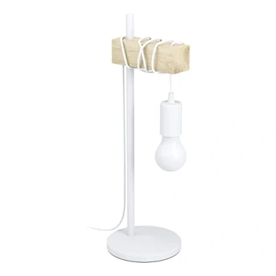 Image of EGLO Table Lamp Townshend, 1 Bulb Vintage Light in Industrial Design, Retro Lamp, Bedside Made of Steel and Wood, Colour: White, Brown, Socket: E27, incl. Switch