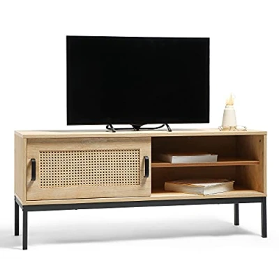 Image of VonHaus Rattan TV Unit Light Wood Effect Stand Cabinet For TV&#039;s up to 55&quot; Industrial Scandi Style Entertainment with Storage Cupboard &amp; 2 Open Shelves Living Room Lounge Lena