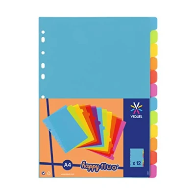 Image of Viquel Pack of 12 Plastic dividers A4 Size (21 x 29.7 cm) for Binder neon Colour