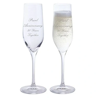 Image of 2 Pearl Anniversary 30 Years Together Pair of Dartington Champagne Flutes Glasses