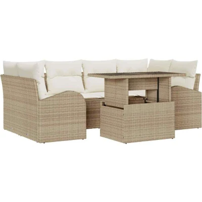 Image of vidaXL 7 Piece Garden Sofa Set with Cushions Beige Poly Rattan