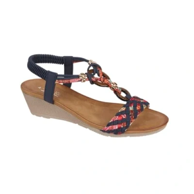 Image of Jo &amp; Joe Ladies Mid Heel Wedge Comfort Sandal with Glitzy Jewels and Elasticated Slingback Strap, Flexible sole sizes 4 8 (Navy 2, UK Footwear Size System, Adult, Women, Numeric, Medium, 7)