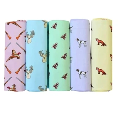 Image of Pack of 5 Soprano luxury 100% cotton country handkerchiefs Featuring partridge, stags, pheasants, pointers &amp; foxes, 40cm x square, One Each Yellow/Green/Blue/Purple/Pink