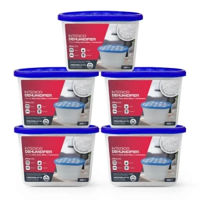 Image of Haltons Pack of 5 500ml Moisture Absorber Dehumidifiers Condensation Remover for Damp, Mould, Home, Wardrobe, Kitchen, Bathroom, Basement, Garage, Bedroom, Caravan, Office