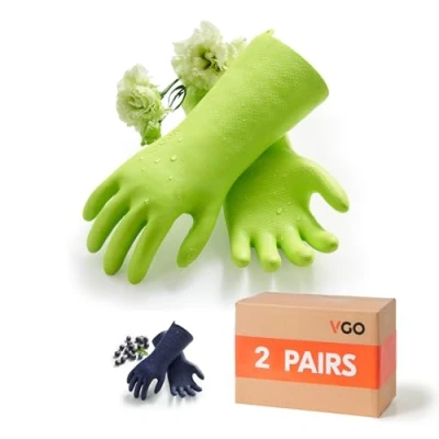 Image of Vgo... 2 pairs Heavy Duty Cleaning Gloves Lined Nylon, Household Reuseable in TPE Latex Free, Thicker Washing Up for Kitchen Bathroom Gardening Painting, with Flower Flavor
