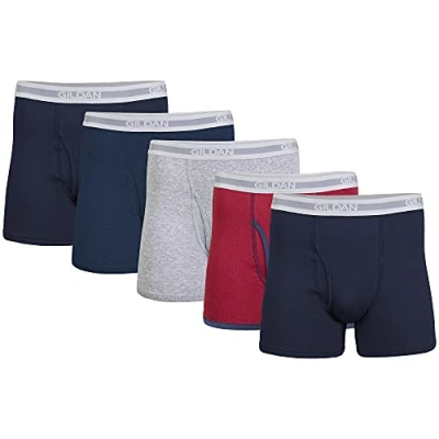 Image of Gildan Men&#039;s Underwear Boxer Briefs, Multipack, Navy/Heather Navy/Sport Grey/Dot/Navy (5 Pack, Shorter Length), XL (Pack of 5)